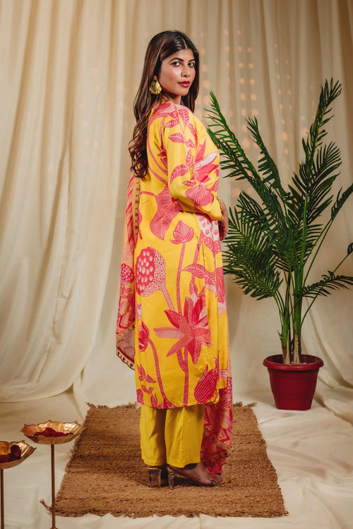 Banana Yellow Wild Flower Straight Kurta Set