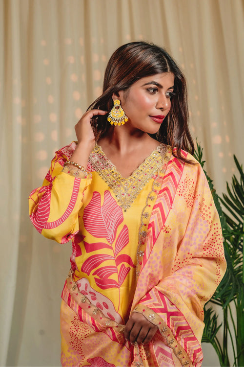 Banana Yellow Wild Flower Straight Kurta Set