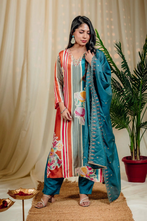 Orange & Blue Abstract Print Straight Suit Set