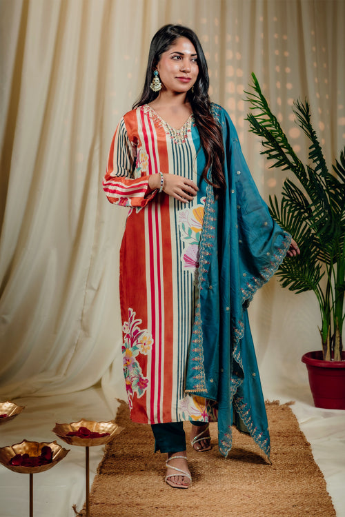 Orange & Blue Abstract Print Straight Suit Set