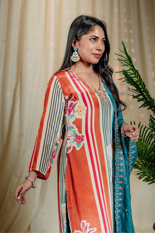 Orange & Blue Abstract Print Straight Suit Set