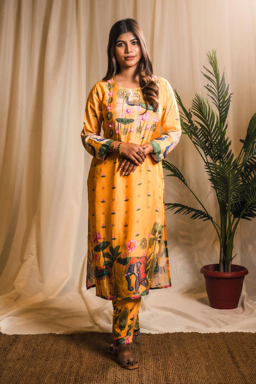 Yellow Indian Traditional Print Straight Suit Set