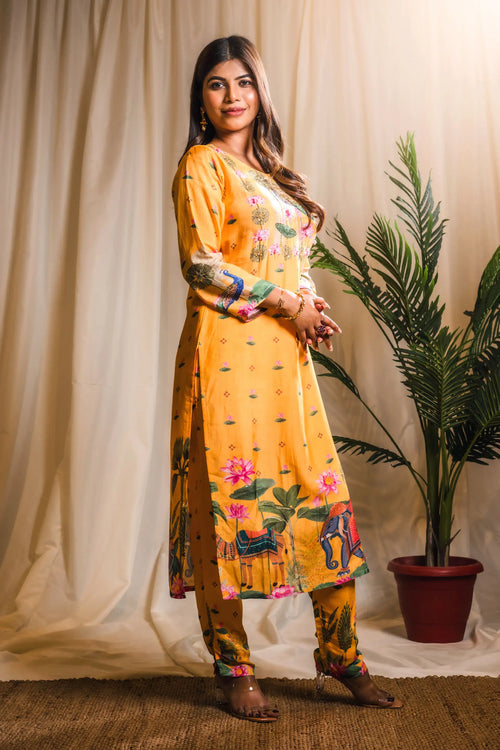 Yellow Indian Traditional Print Straight Suit Set