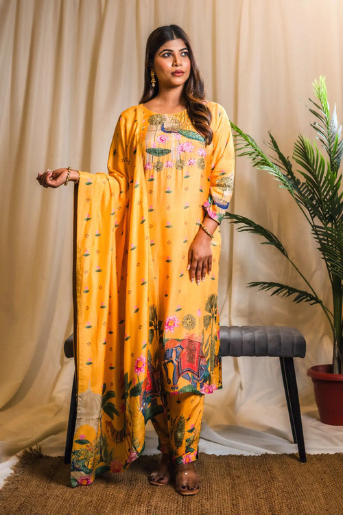 Yellow Indian Traditional Print Straight Suit Set