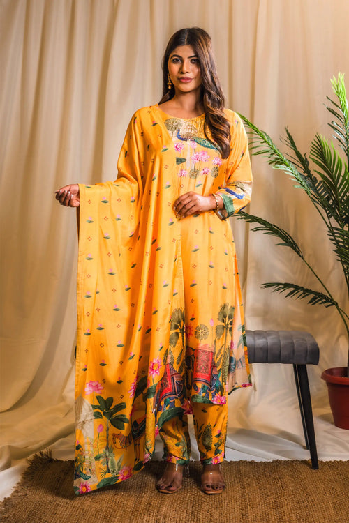 Yellow Indian Traditional Print Straight Suit Set