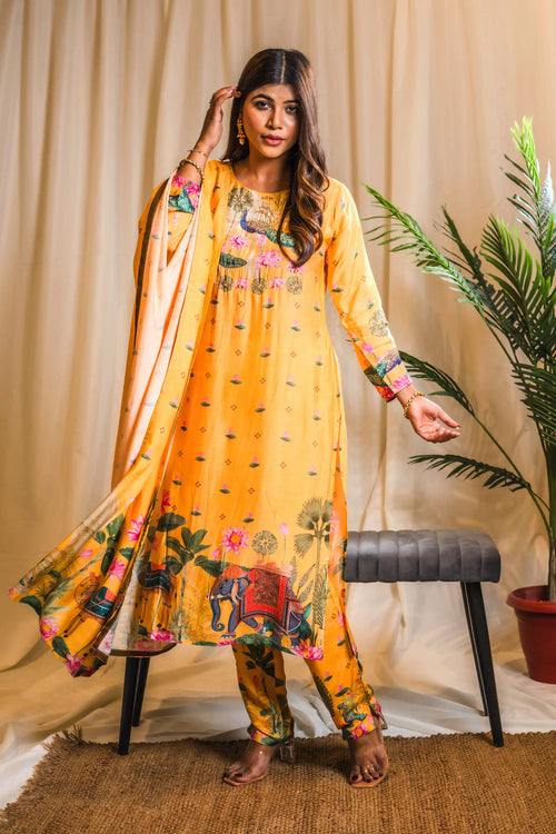 Yellow Indian Traditional Print Straight Suit Set