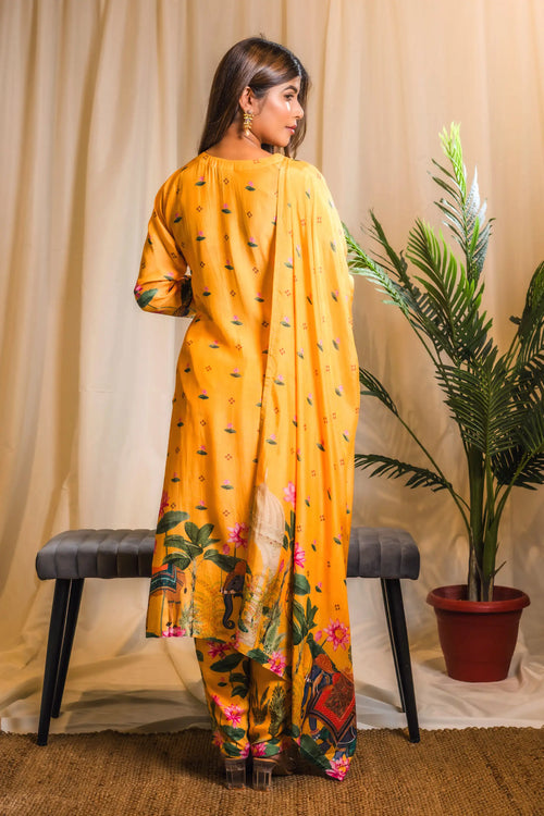 Yellow Indian Traditional Print Straight Suit Set