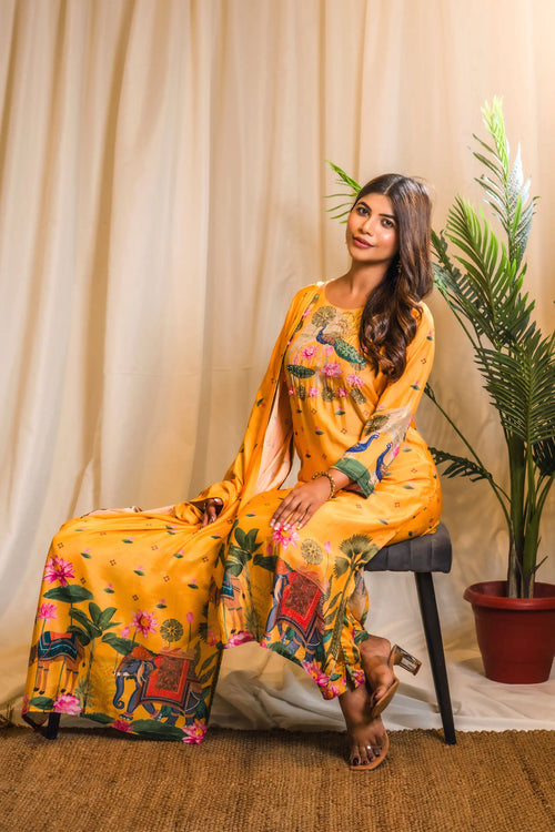 Yellow Indian Traditional Print Straight Suit Set