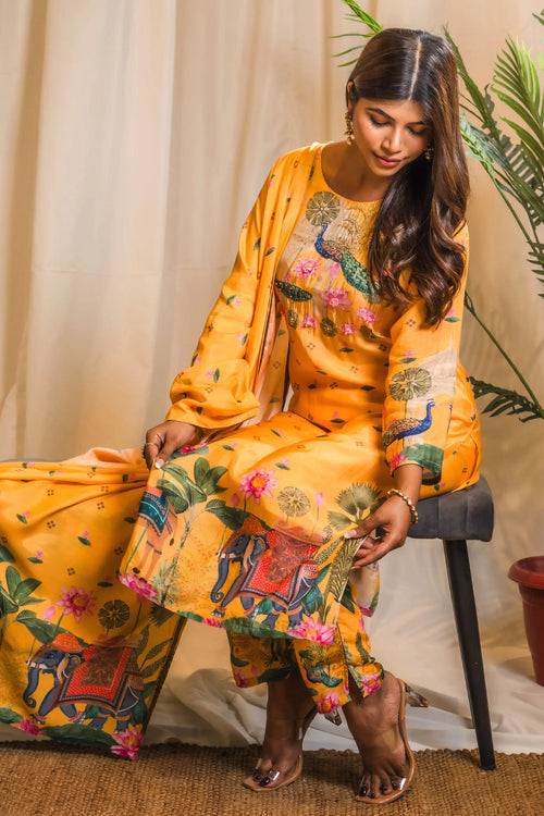 Yellow Indian Traditional Print Straight Suit Set