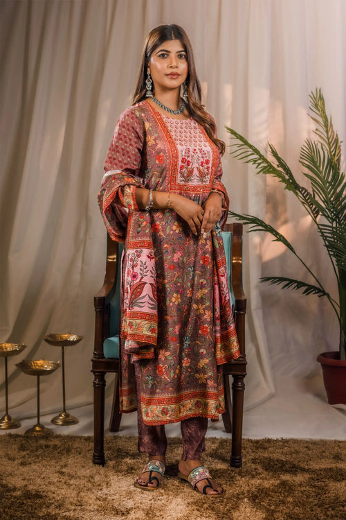 Muslin Rosy Brown Kalamkari Print Suit Set