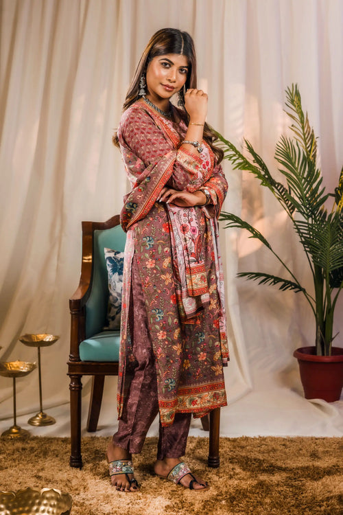 Muslin Rosy Brown Kalamkari Print Suit Set