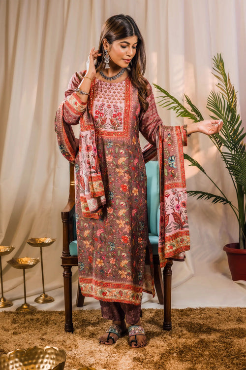 Muslin Rosy Brown Kalamkari Print Suit Set