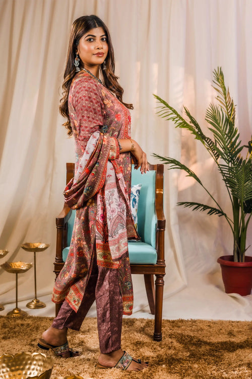 Muslin Rosy Brown Kalamkari Print Suit Set