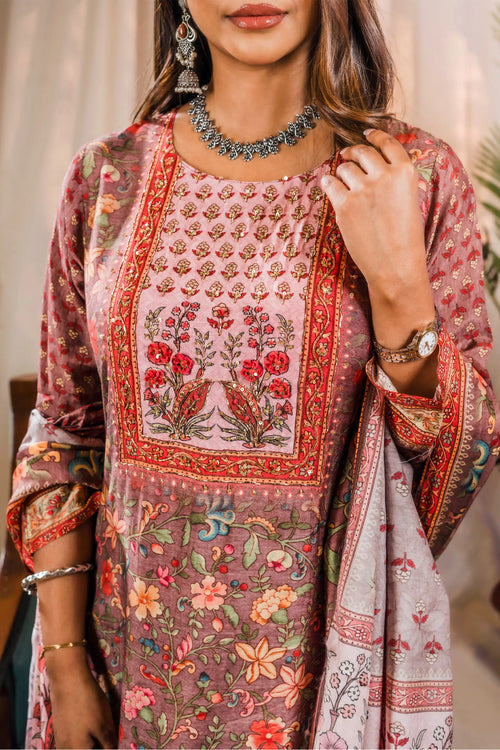 Muslin Rosy Brown Kalamkari Print Suit Set