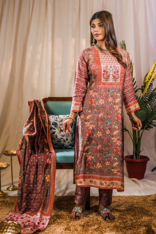 Muslin Rosy Brown Kalamkari Print Suit Set