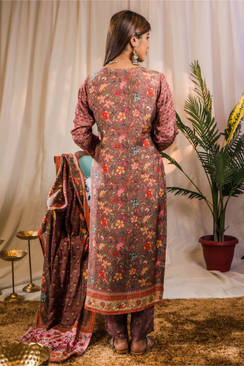 Muslin Rosy Brown Kalamkari Print Suit Set