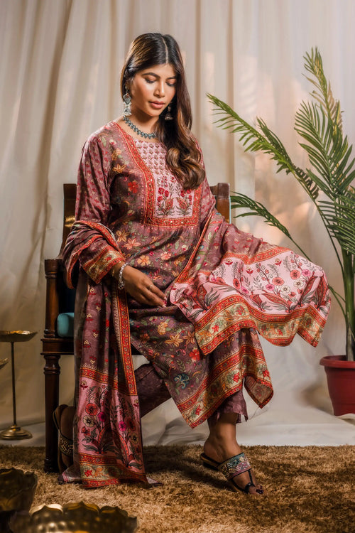 Muslin Rosy Brown Kalamkari Print Suit Set