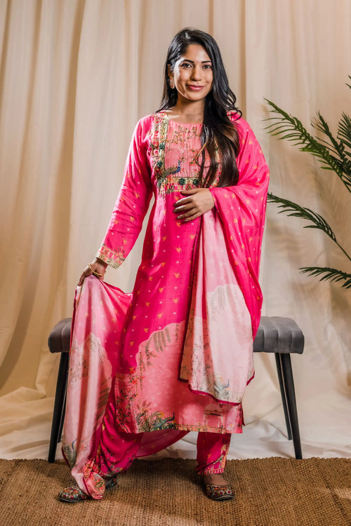 Hot Pink Indian Traditional Print Straight Suit Set