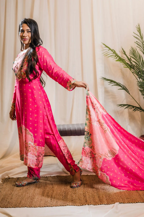 Hot Pink Indian Traditional Print Straight Suit Set