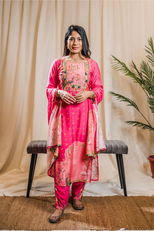 Hot Pink Indian Traditional Print Straight Suit Set