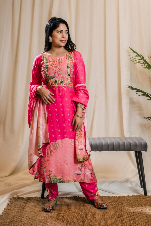 Hot Pink Indian Traditional Print Straight Suit Set