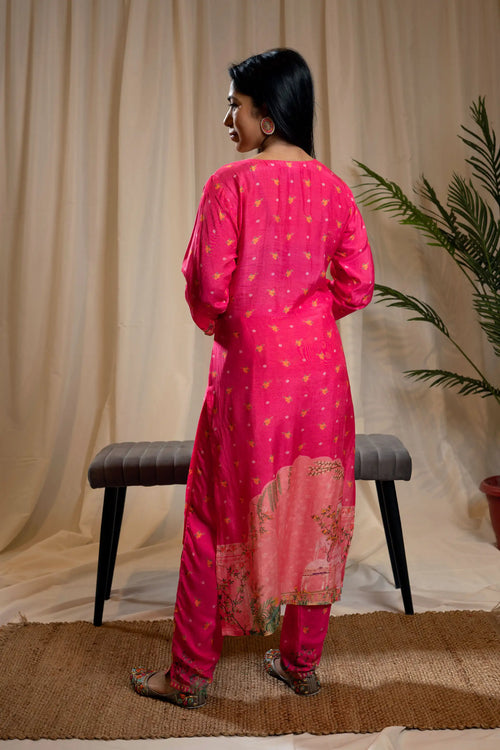 Hot Pink Indian Traditional Print Straight Suit Set