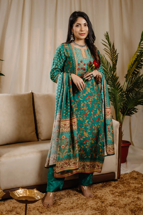 Muslin Green Color Kalamkari Print Straight Suit Set