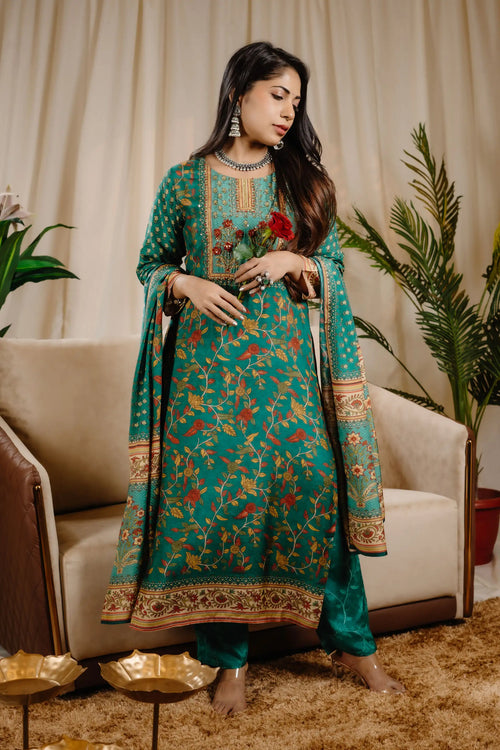 Muslin Green Color Kalamkari Print Straight Suit Set