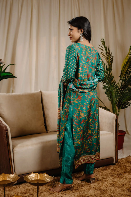 Muslin Green Color Kalamkari Print Straight Suit Set