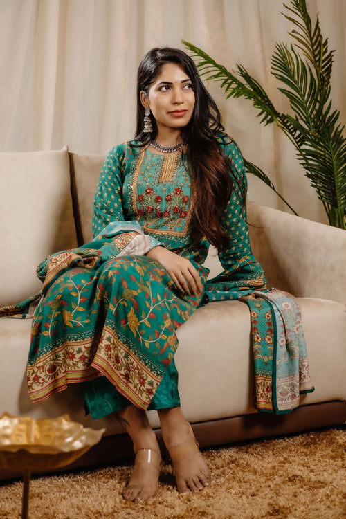 Muslin Green Color Kalamkari Print Straight Suit Set