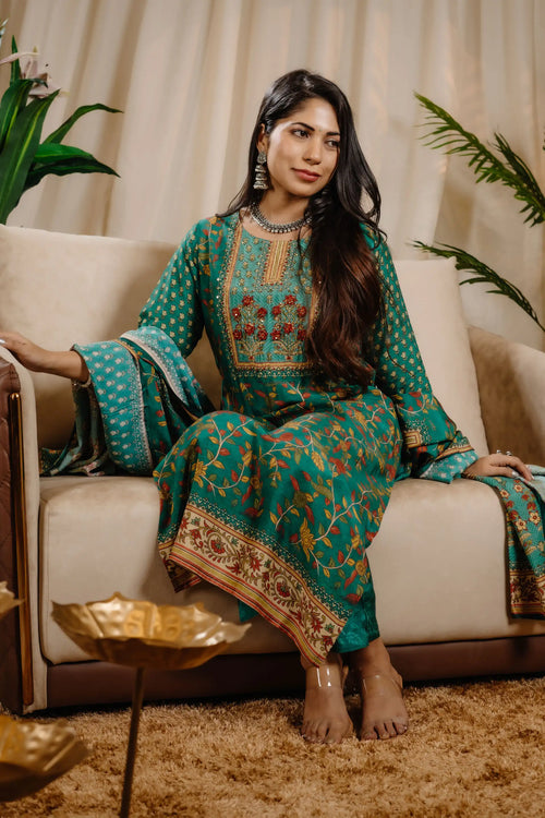 Muslin Green Color Kalamkari Print Straight Suit Set