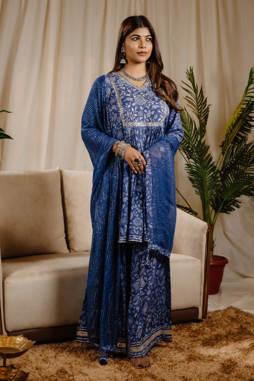 Blue Color Block Print Kurta Sharara Set