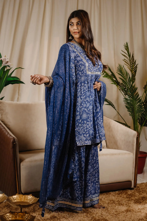 Blue Color Block Print Kurta Sharara Set