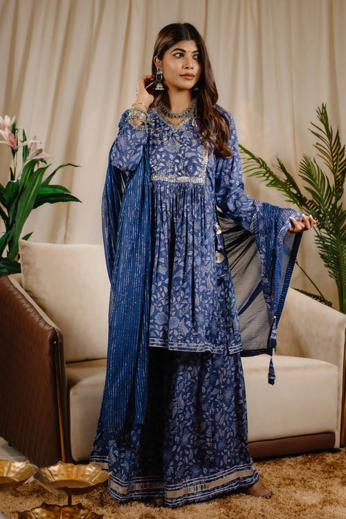 Blue Color Block Print Kurta Sharara Set