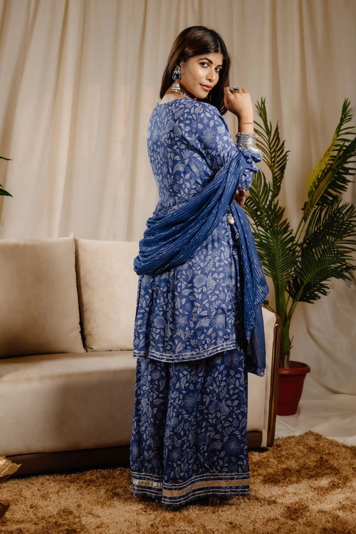 Blue Color Block Print Kurta Sharara Set