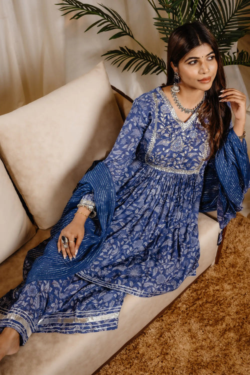 Blue Color Block Print Kurta Sharara Set