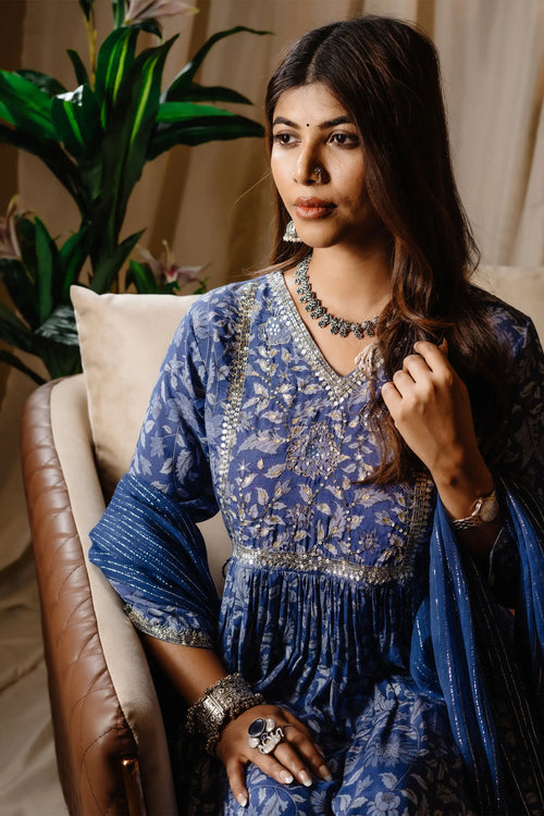 Blue Color Block Print Kurta Sharara Set