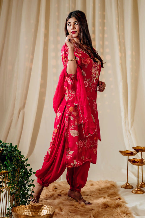 Hot Pink Floral Print Straight Kurta Set