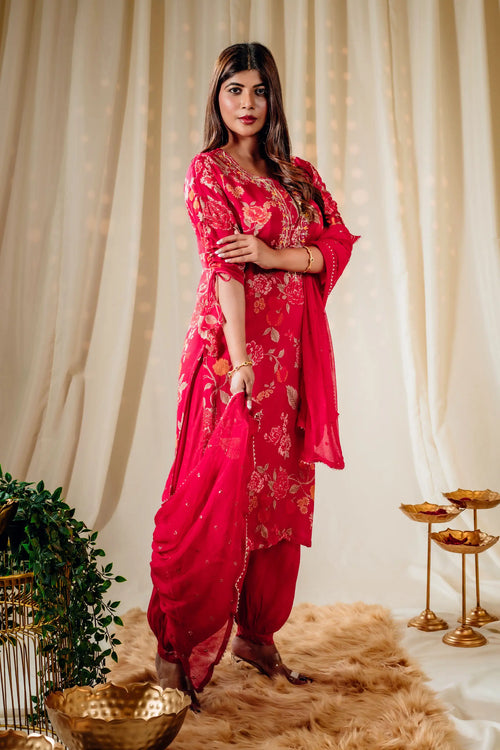 Hot Pink Floral Print Straight Kurta Set