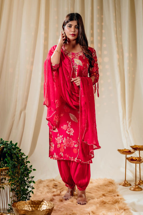 Hot Pink Floral Print Straight Kurta Set