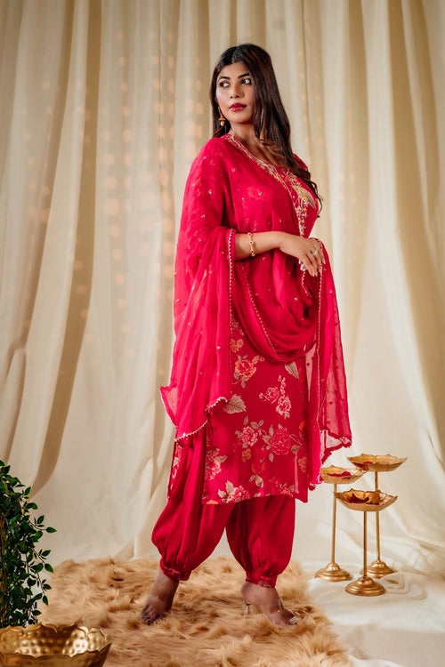 Hot Pink Floral Print Straight Kurta Set