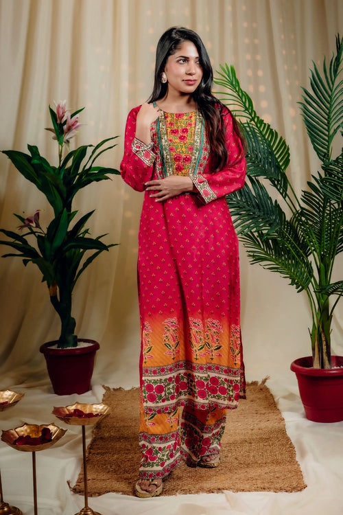 Ombre Pink & Yellow Muslin Kurta Palazzo Set