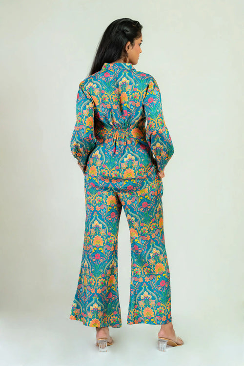 Peacock Blue Muslin Floral Co-ord Set