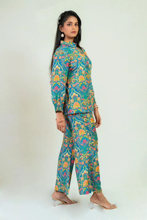 Peacock Blue Muslin Floral Co-ord Set