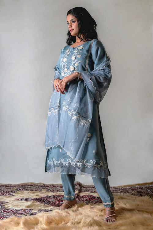 Grey Color Organza Cotton Straight Suit Set