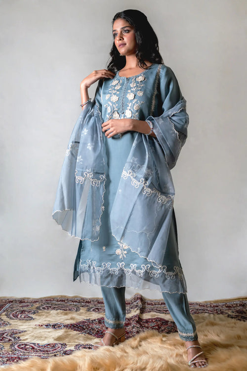 Grey Color Organza Cotton Straight Suit Set