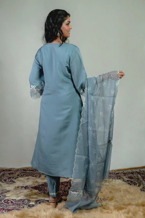 Grey Color Organza Cotton Straight Suit Set