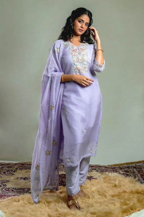 Lilac Color Organza Straight Suit Set