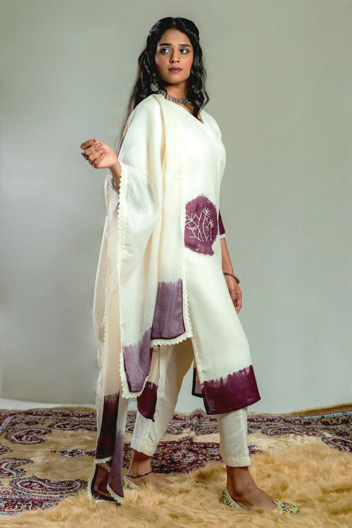 Beige Purple Color Linen Straight Suit Set