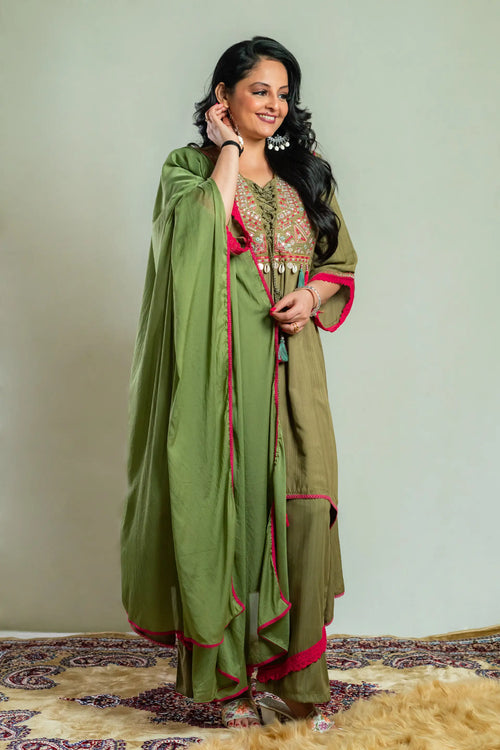 Moss Green Color Cotton Banjara Suit Set